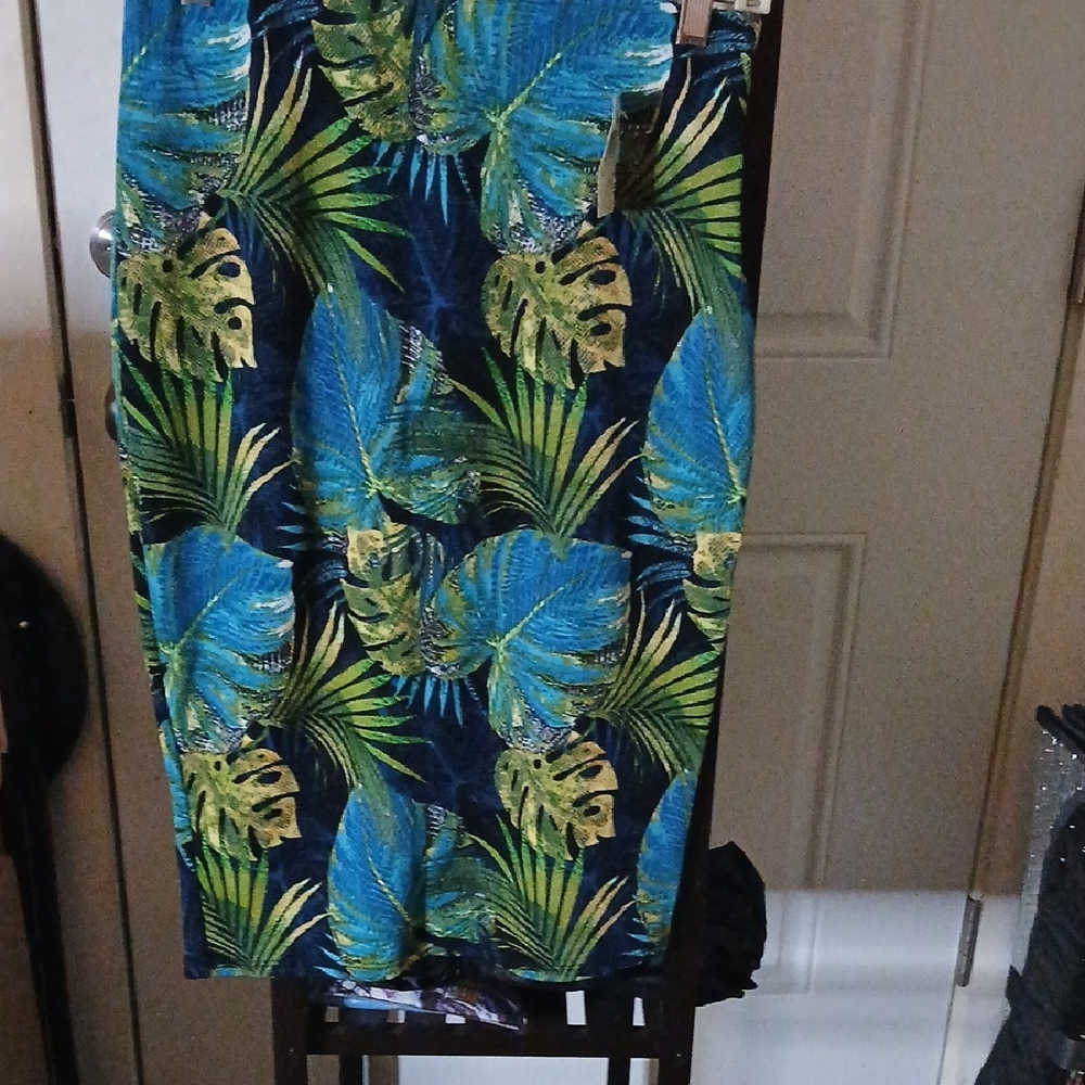 Rainbow Tropical Leaf Print Pencil Skirt - Blue and Green